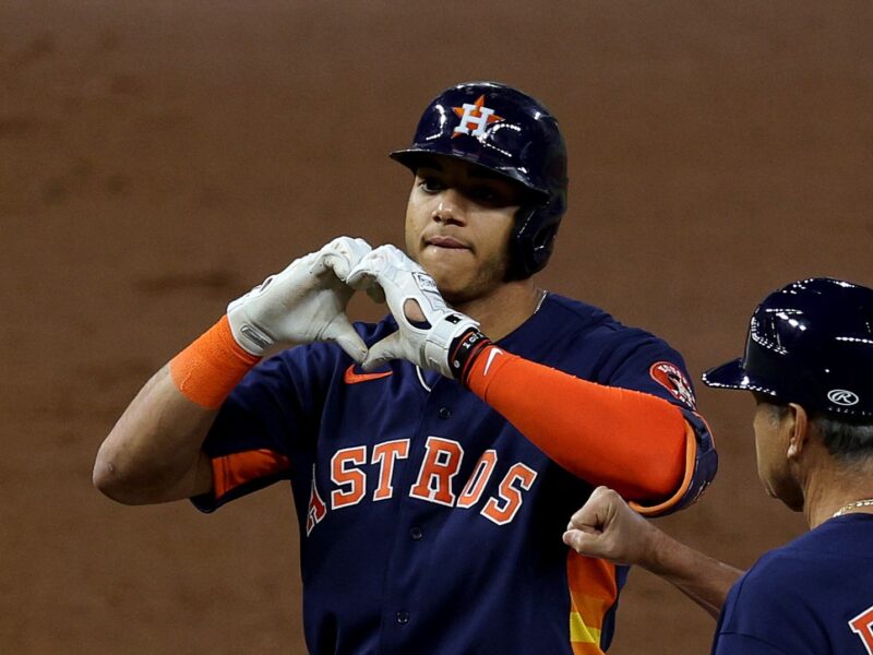 HOUSTON, TEXAS - OCTOBER 20: Jeremy Pena #3 of the Houston Astros reacts after his single against the New York Yankees during the third inning in game two of the American League Championship Series at Minute Maid Park on October 20, 2022 in Houston, Texas. (Photo by Rob Carr/Getty Images)