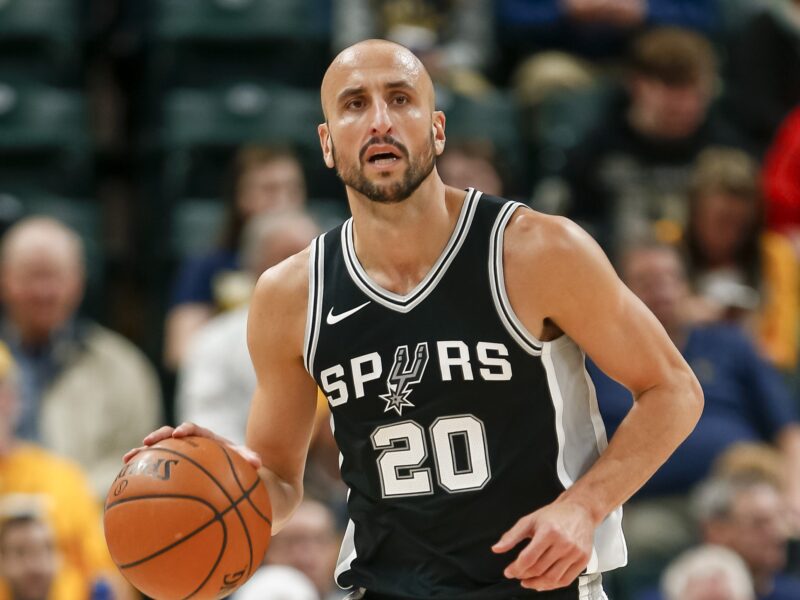 INDIANAPOLIS, IN - OCTOBER 29: Manu Ginobili #20 of the San Antonio Spurs brings the ball up court during the game against the Indiana Pacers at Bankers Life Fieldhouse on October 29, 2017 in Indianapolis, Indiana. NOTE TO USER: User expressly acknowledges and agrees that, by downloading and or using this photograph, User is consenting to the terms and conditions of the Getty Images License Agreement.(Photo by Michael Hickey/Getty Images)
