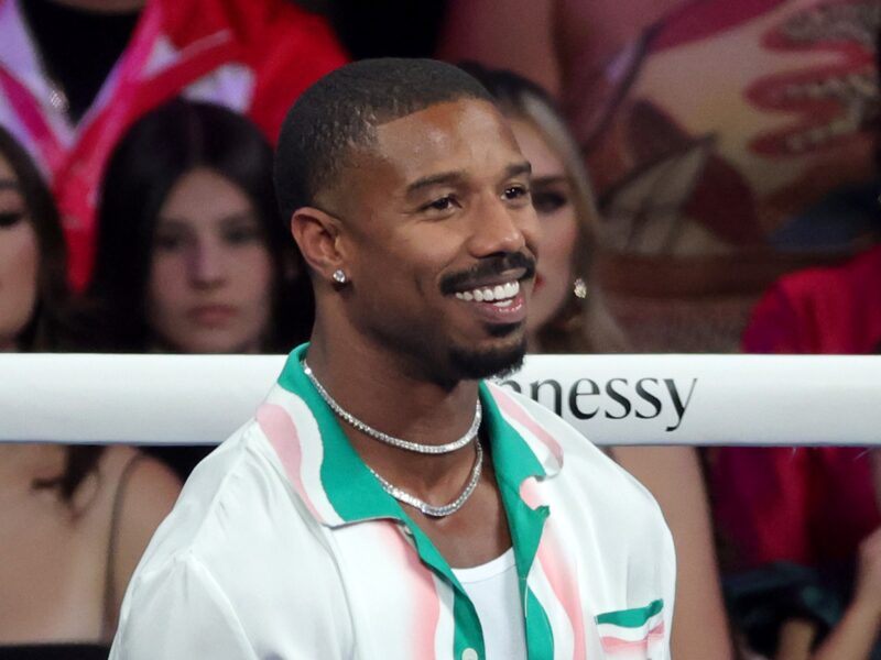 LAS VEGAS, NEVADA - SEPTEMBER 17: Actor Michael B. Jordan stands in the ring as part of Canelo Alvarez's entourage as national anthems are performed before the super middleweight title fight between Alvarez and Gennadiy Golovkin at T-Mobile Arena on September 17, 2022 in Las Vegas, Nevada. Alvarez retained his titles with a unanimous-decision victory. (Photo by Ethan Miller/Getty Images)