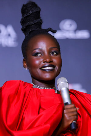 MEXICO CITY, MEXICO - NOVEMBER 09: Lupita Nyong’o speaks during the "Black Panther: Wakanda Forever" Red Carpet in Mexico City at Plaza Satelite on November 09, 2022 in Mexico City, Mexico. (Photo by Agustin Cuevas/Getty Images for Disney)