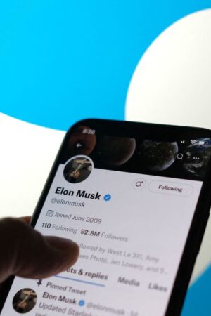 This illustration photo taken May 13, 2022, displays Elon Musks Twitter account with a Twitter logo in the background in Los Angeles. - Elon Musk sent mixed messages Friday about his proposed Twitter acquisition, pressuring shares of the microblogging platform amid skepticism on whether the deal will close. In an early morning tweet, Musk said the $44 billion takeover was "temporarily on hold," pending questions over the social media company's estimates of the number of fake accounts or "bots." That sent Twitter's stock plunging 25 percent. (Photo by Chris DELMAS / AFP) (Photo by CHRIS DELMAS/AFP via Getty Images)