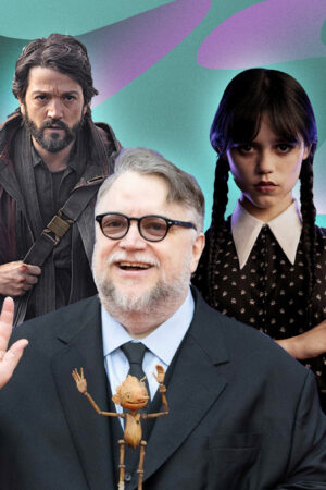 Diego Luna, Guillermo del Toro, and Jenna Ortega collage