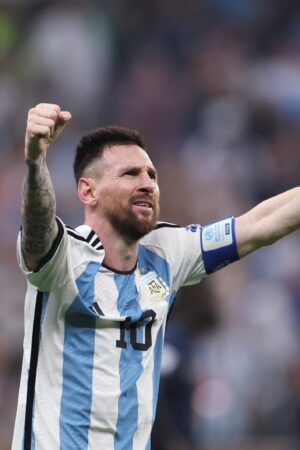 Lionel Messi of Argentina celebrates his second goal during the Final between Argentina and France at the 2022 FIFA World Cup at Lusail Stadium in Lusail, Qatar, Dec. 18, 2022. (Photo by Cao Can/Xinhua via Getty Images)