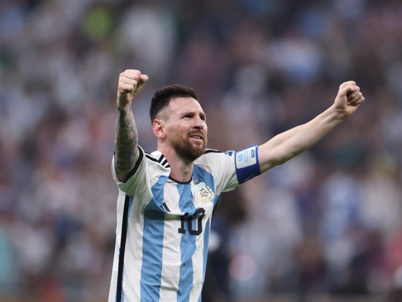 Lionel Messi of Argentina celebrates his second goal during the Final between Argentina and France at the 2022 FIFA World Cup at Lusail Stadium in Lusail, Qatar, Dec. 18, 2022. (Photo by Cao Can/Xinhua via Getty Images)