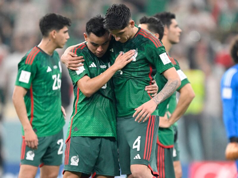 TOPSHOT - Mexico's midfielder #08 Carlos Rodriguez (L) and Mexico's midfielder #04 Edson Alvarez (R) react after the Qatar 2022 World Cup Group C football match between Saudi Arabia and Mexico at the Lusail Stadium in Lusail, north of Doha on November 30, 2022. (Photo by Alfredo ESTRELLA / AFP) (Photo by ALFREDO ESTRELLA/AFP via Getty Images)