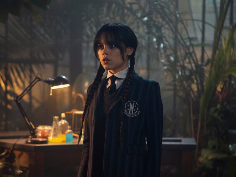 Wednesday. Jenna Ortega as Wednesday Addams in episode 108 of Wednesday in her Nevermore Academy uniform. Cr. Vlad Cioplea/Netflix © 2022