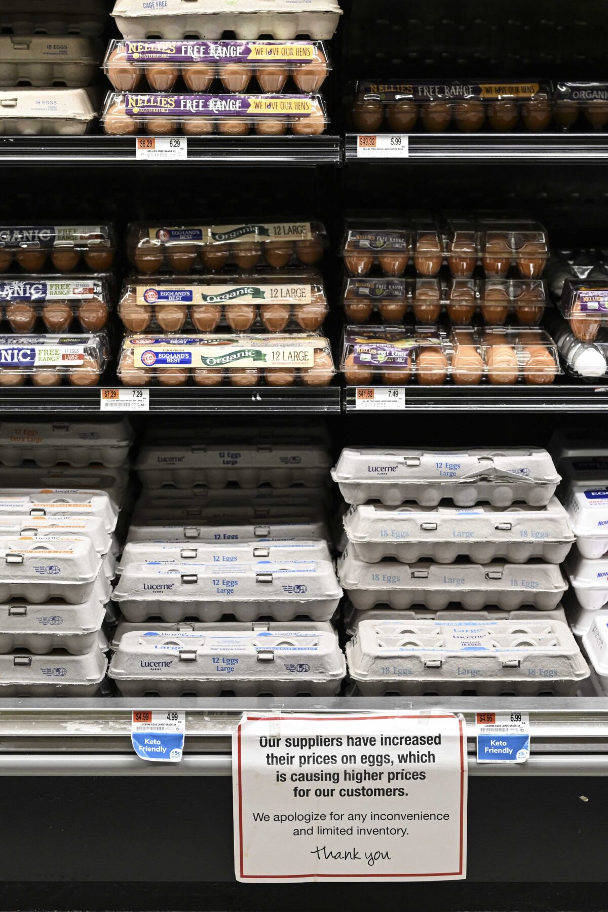 NEW YORK, UNITES STATES - JANUARY 21: Egg shelves are seen with a note apologizing to customers for the price increase after the reduction in productivity brought on by poultry fatalities caused by various illnesses in New York, United States on January 21, 2023. The egg prices jumped by two to three times across the country, from 3 to 4 dollars per package to 9 to 11 dollars for organic eggs and from 2 to 3 dollars to 5 to 7 dollars for regular eggs. (Photo by Fatih Aktas/Anadolu Agency via Getty Images)