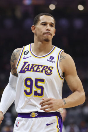 SACRAMENTO, CALIFORNIA - JANUARY 07: Juan Toscano-Anderson #95 of the Los Angeles Lakers looks on in the first quarter against the Sacramento Kings at Golden 1 Center on January 07, 2023 in Sacramento, California. NOTE TO USER: User expressly acknowledges and agrees that, by downloading and/or using this photograph, User is consenting to the terms and conditions of the Getty Images License Agreement. (Photo by Lachlan Cunningham/Getty Images)