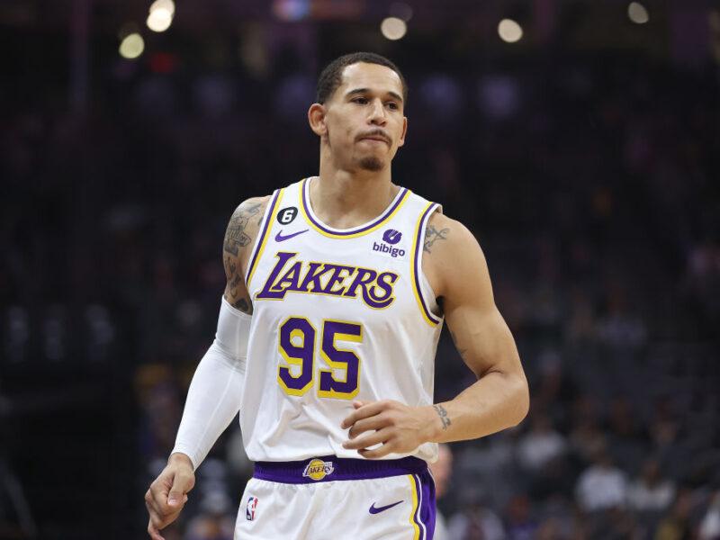 SACRAMENTO, CALIFORNIA - JANUARY 07: Juan Toscano-Anderson #95 of the Los Angeles Lakers looks on in the first quarter against the Sacramento Kings at Golden 1 Center on January 07, 2023 in Sacramento, California. NOTE TO USER: User expressly acknowledges and agrees that, by downloading and/or using this photograph, User is consenting to the terms and conditions of the Getty Images License Agreement. (Photo by Lachlan Cunningham/Getty Images)