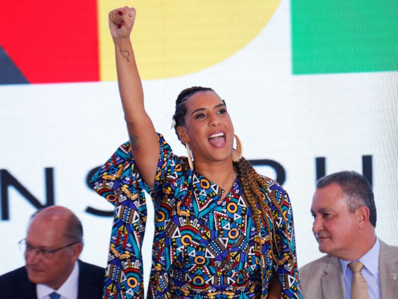 Brazilian new Minister for Racial Equality, Anielle Franco, gestures during her swearing-in ceremony at the Planalto Palace in Brasilia on January 11, 2023. (Photo by Sergio Lima / AFP) (Photo by SERGIO LIMA/AFP via Getty Images)