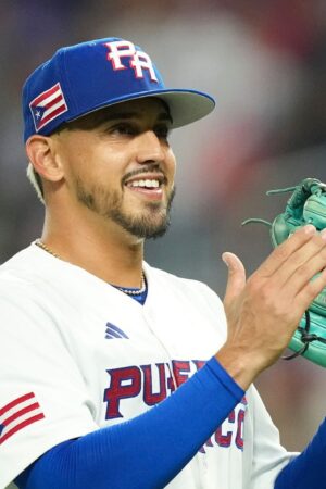 MIAMI, FLORIDA - MARCH 13: José De León #87 of Puerto Rico celebrates after leaving the game in the sixth inning against Israel at loanDepot park on March 13, 2023 in Miami, Florida. (Photo by Eric Espada/Getty Images)