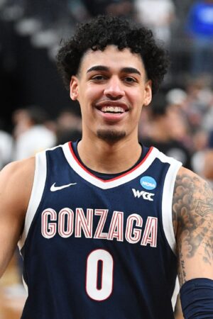 LAS VEGAS, NV - MARCH 24: Gonzaga guard Julian Strawther (0) celebrates after the NCAA Division I Men's Championship Sweet Sixteen round basketball game between the Gonzaga Bulldogs and the UCLA Bruins on March 24, 2023 at T-Mobile Arena in Las Vegas, NV. (Photo by Brian Rothmuller/Icon Sportswire via Getty Images)