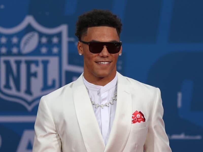 KANSAS CITY, MO - APRIL 27: Oregon cornerback Christian Gonzalez during the NFL Draft Red Carpet event on April 27, 2023 at Union Station in Kansas City, MO. (Photo by Scott Winters/Icon Sportswire via Getty Images)
