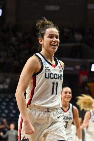 STORRS, CT - MARCH 18: Lou Lopez Sénéchal #11 of the University of Connecticut Huskies during the first round of the 2023 NCAA Women's Basketball Tournament held at Gampel Pavilion on March 18, 2023 in Storrs, Connecticut. (Photo by Sean Elliot/NCAA Photos via Getty Images)