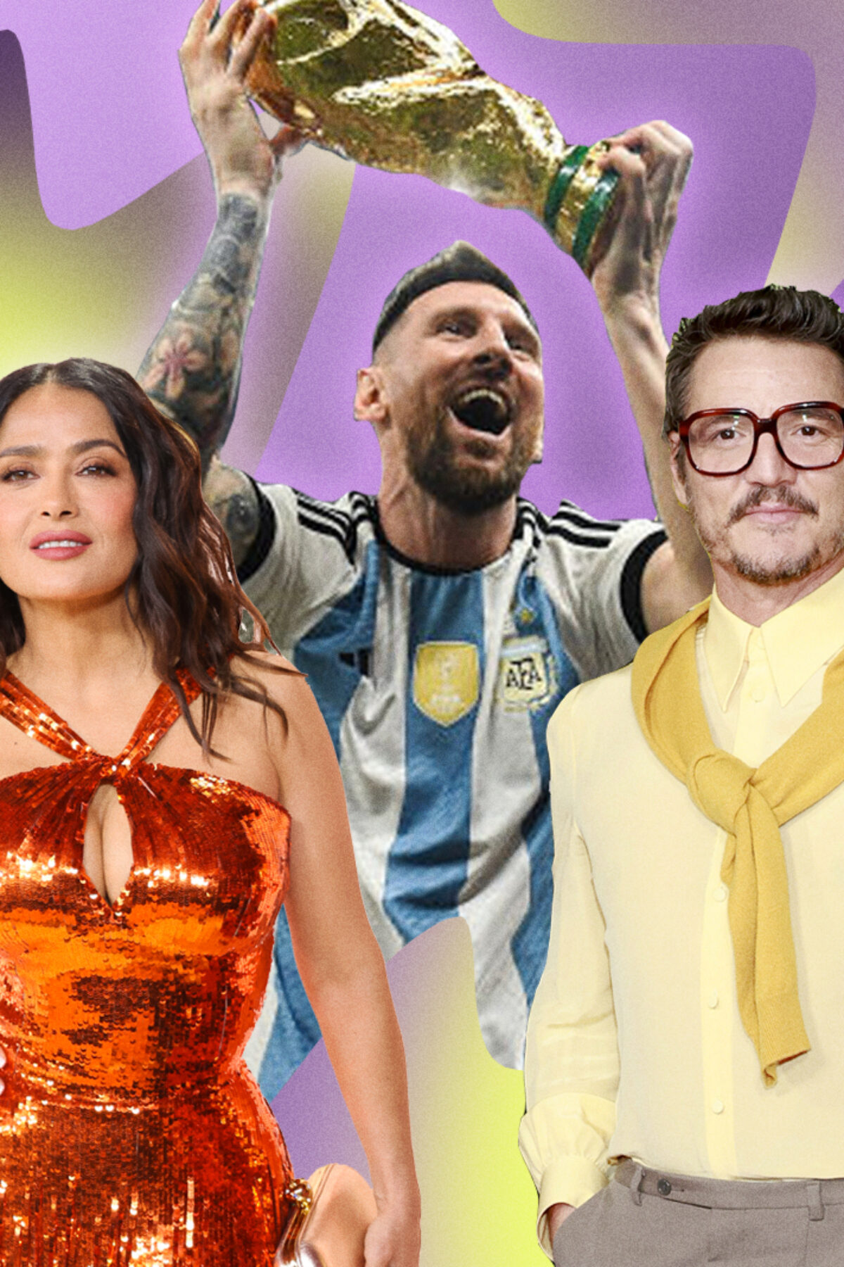 Salma Hayek, Lionel Messi, and Pedro Pascal in a collage for TIME Magazine's 100 Most Influential People of 2023