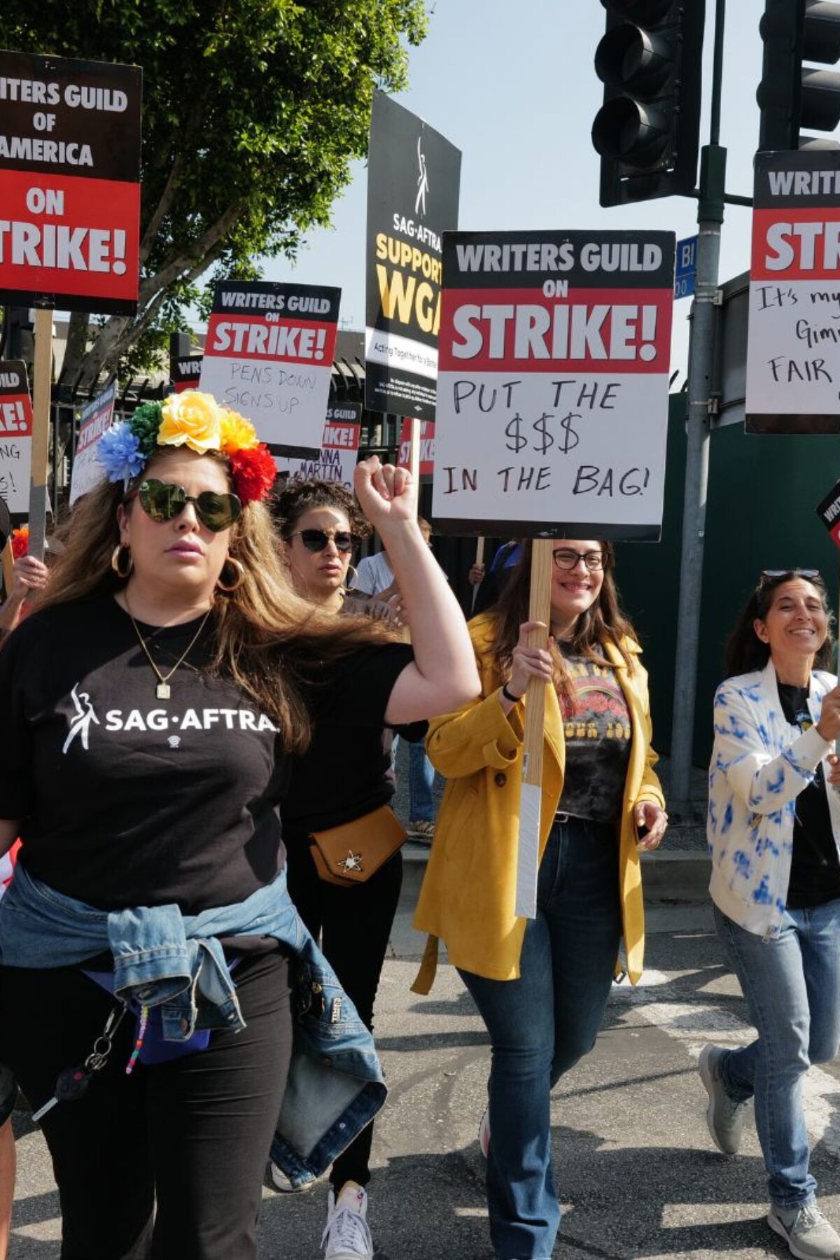 Latine writers and allies protesting in the second week of the WGA strike of 2023