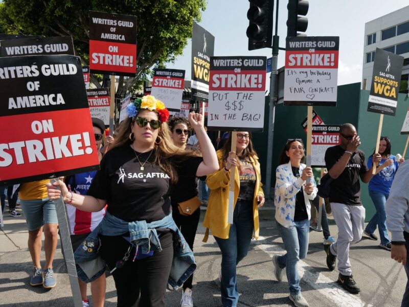 Latine writers and allies protesting in the second week of the WGA strike of 2023