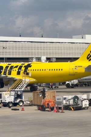 Spirit airlines planes sits at the gate at George Bush Intercontinental Airport (IAH) in Houston, Texas, on March 8, 2023. - The US Justice Department on March 7, 2023 sued to block a $3.8 billion JetBlue-Spirit airline merger, saying that the combination would harm consumers and violate antitrust law. (Photo by Daniel SLIM / AFP) (Photo by DANIEL SLIM/AFP via Getty Images)