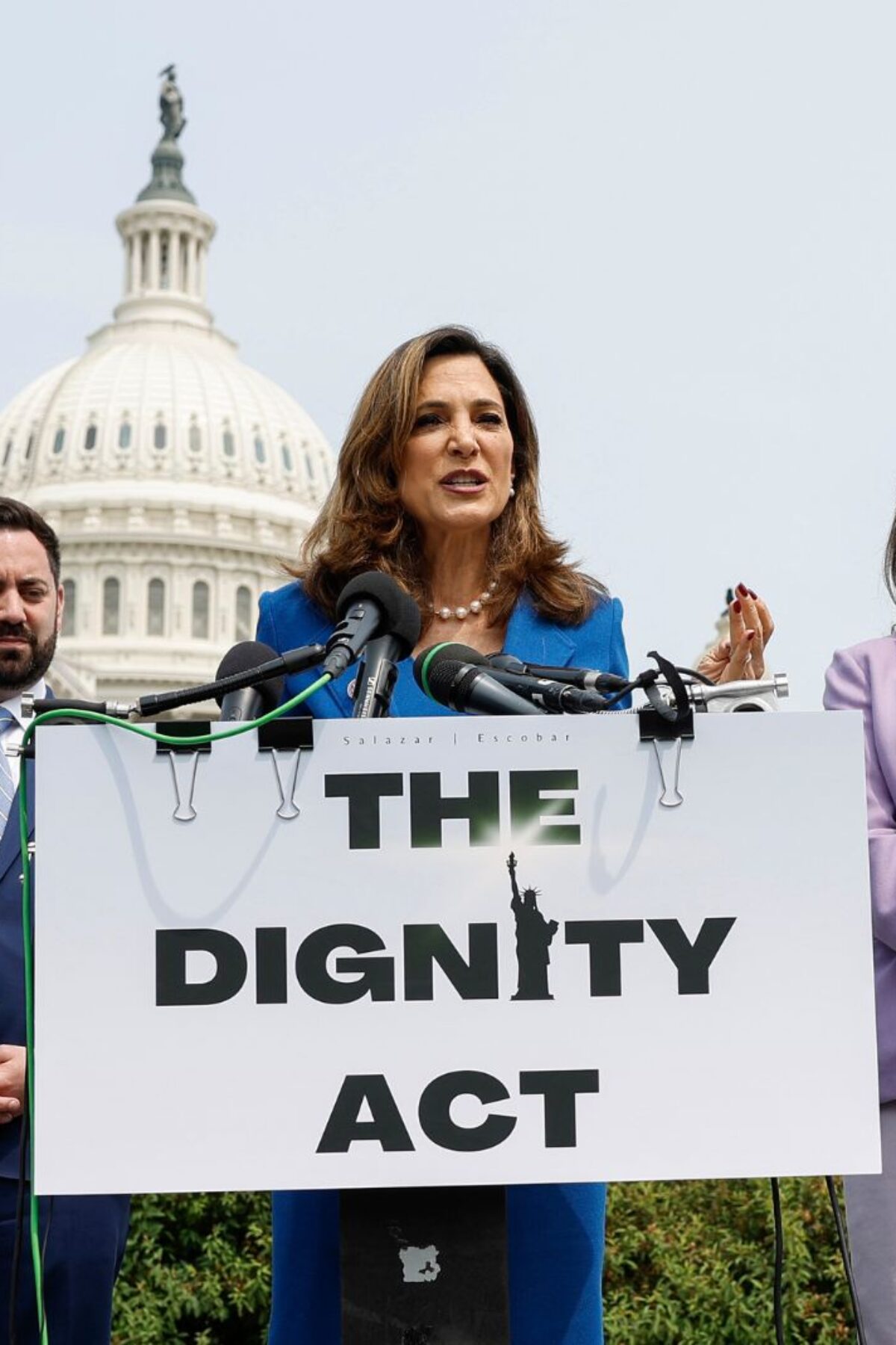 WASHINGTON, DC - MAY 23: Rep. Maria Salazar (R-FL) speaks during a press conference on immigration outside the U.S. Capitol Building on May 23, 2023 in Washington, DC. During the bipartisan news conference lawmakers introduced the “Dignity Act,” which lawmakers expect will improve the application process for U.S. citizenship as well as increase security on both the northern and southern borders. Lawmakers in attendance included Republican Delegate Jenniffer Gonzalez-Colon (R-PR), Rep Mike Lawler (R-NY), Rep. Veronica Escobar (D-TX), Rep. Kathy Manning (D-NC) and Rep. Hillary Scholten (D-MI). (Photo by Anna Moneymaker/Getty Images)