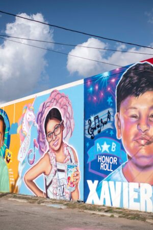 Murals honoring those who lost their lives during the Robb Elementary School shooting are pictured on the eve of the US midterm elections in Uvalde, Texas on November 7, 2022. (Photo by Mark Felix / AFP) (Photo by MARK FELIX/AFP /AFP via Getty Images)