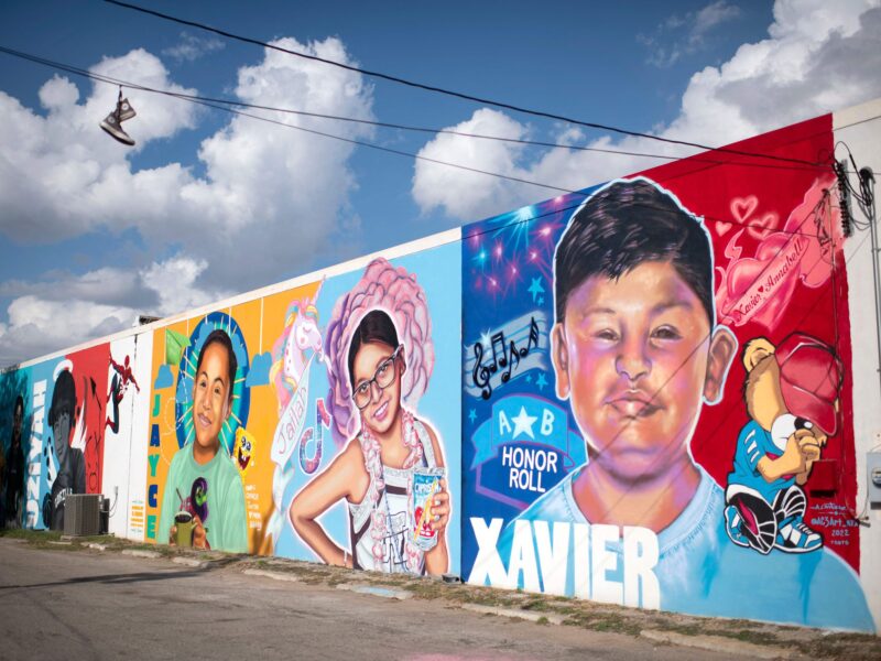 Murals honoring those who lost their lives during the Robb Elementary School shooting are pictured on the eve of the US midterm elections in Uvalde, Texas on November 7, 2022. (Photo by Mark Felix / AFP) (Photo by MARK FELIX/AFP /AFP via Getty Images)