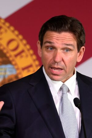 WILDWOOD, FLORIDA, UNITED STATES - JUNE 6: Republican presidential candidate Florida Gov. Ron DeSantis speaks during a press conference during which he signed a bill to protect the digital rights of Floridians, on June 6, 2023 in Wildwood, Florida. (Photo by Paul Hennessy/Anadolu Agency via Getty Images)