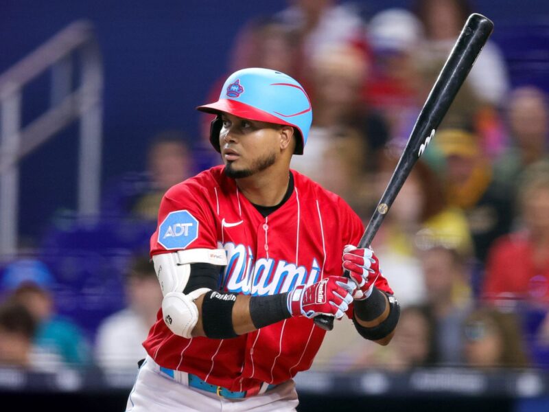 MIAMI, FLORIDA - JUNE 24: Luis Arraez #3 of the Miami Marlins at bat against the Pittsburgh Pirates during the first inning at loanDepot park on June 24, 2023 in Miami, Florida. (Photo by Megan Briggs/Getty Images)