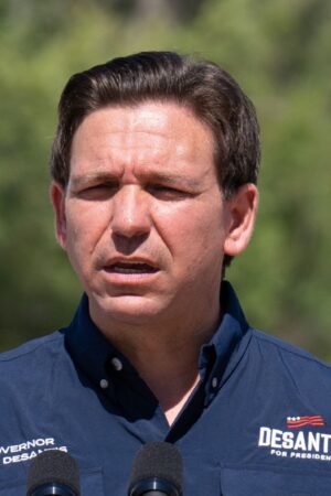 Florida Governor and 2024 Republican Presidential hopeful Ron DeSantis speaks during a news conference near the Rio Grande River in Eagle Pass, Texas, on June 26, 2023. DeSantis engaged with voters and residents in border-adjacent communities during a campaign event. (Photo by SUZANNE CORDEIRO / AFP) (Photo by SUZANNE CORDEIRO/AFP via Getty Images)