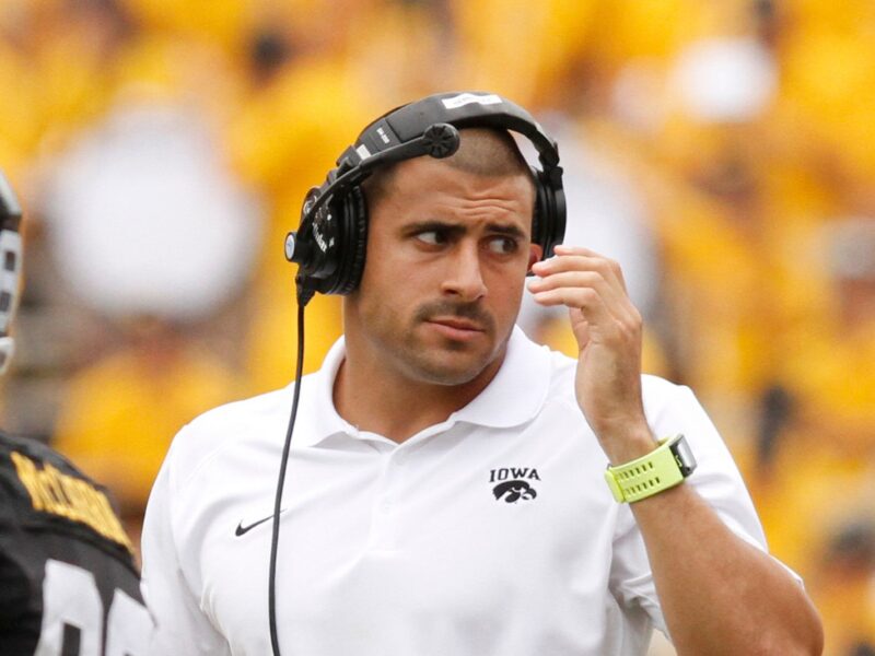 IOWA CITY, IOWA- SEPTEMBER 7: Graduate assistant coach DJ Hernandez of the Iowa Hawkeyes during a break in the action in the first quarter against the Missouri State Bears on September 7, 2013 at Kinnick Stadium in Iowa City, Iowa. Iowa won 28-14. (Photo by Matthew Holst/Getty Images)