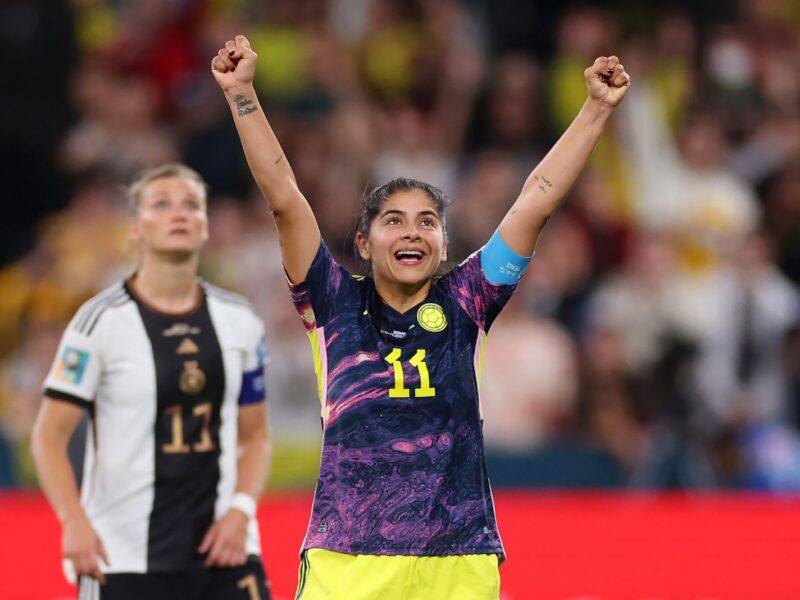 SYDNEY, AUSTRALIA - JULY 30: Catalina Usme of Colombia celebrates victory after the FIFA Women's World Cup Australia & New Zealand 2023 Group H match between Germany and Colombia at Sydney Football Stadium on July 30, 2023 in Sydney, Australia. (Photo by Cameron Spencer/Getty Images)