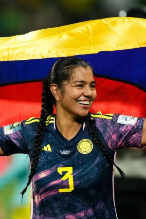 Daniela Alexandra Arias Rojas of Colombia and America de Cali celebrates victory after the FIFA Women's World Cup Australia & New Zealand 2023 Round of 16 match between Colombia and Jamaica at Melbourne Rectangular Stadium on August 8, 2023 in Melbourne, Australia. (Photo by Jose Breton/Pics Action/NurPhoto via Getty Images)