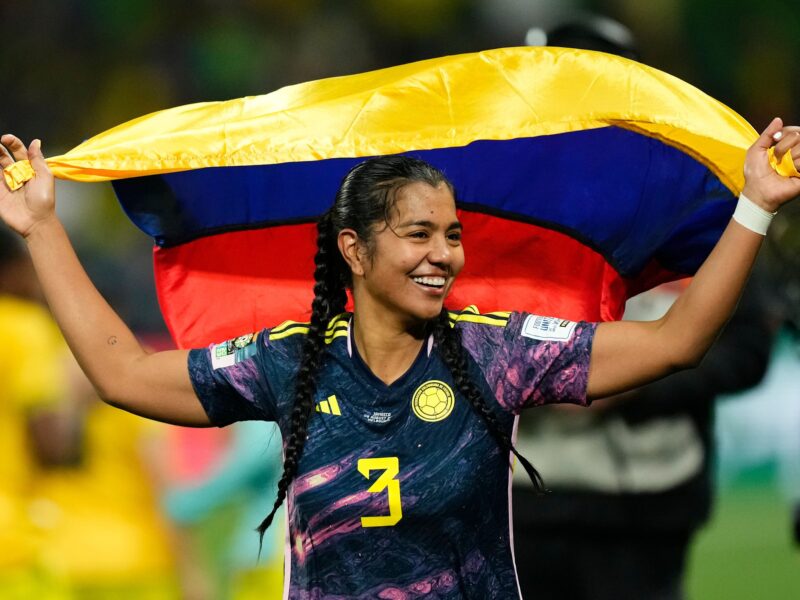 Daniela Alexandra Arias Rojas of Colombia and America de Cali celebrates victory after the FIFA Women's World Cup Australia & New Zealand 2023 Round of 16 match between Colombia and Jamaica at Melbourne Rectangular Stadium on August 8, 2023 in Melbourne, Australia. (Photo by Jose Breton/Pics Action/NurPhoto via Getty Images)