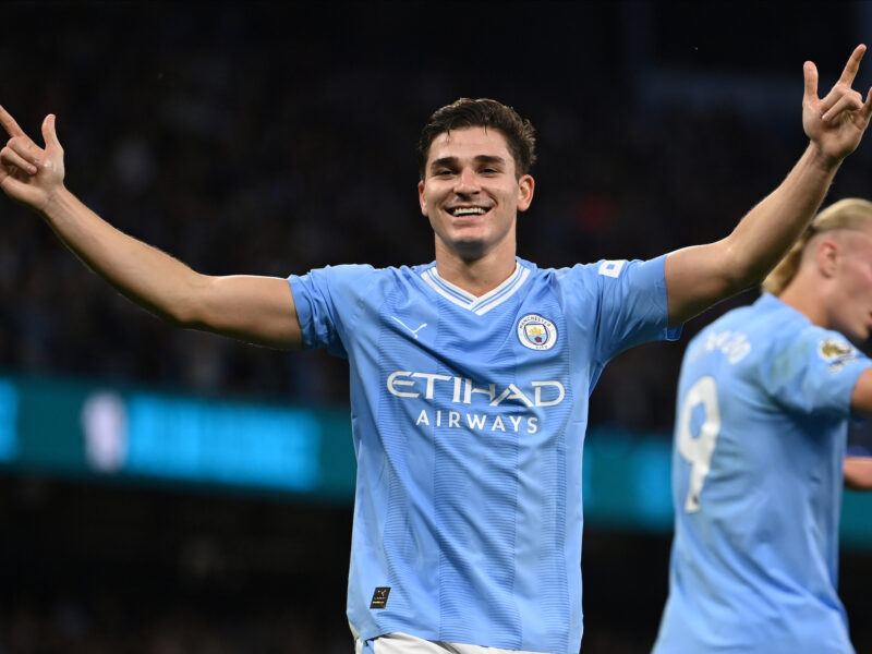 MANCHESTER, ENGLAND - AUGUST 19: Julian Alvarez of Manchester City celebrates the first goal during the Premier League match between Manchester City and Newcastle United at Etihad Stadium on August 19, 2023 in Manchester, United Kingdom. (Photo by Neal Simpson/Sportsphoto/Allstar via Getty Images)