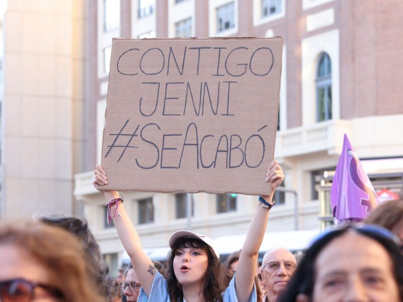 MADRID, SPAIN - AUGUST 28: Protesters during a demonstration called by feminist associations in support to Spain's player Jenni Hermoso, at Callao square in Madrid on August 28, 2023 in Madrid, Spain. Prompted by Luis Rubiales' refusal to resign, protesters in Madrid are rallying against sexual violence in sport. Rubiales, the president of Spain's soccer federation, faces potential FIFA suspension over allegations of inappropriate behavior, including an unwanted kiss on player Jenni Hermoso's lips after Spain's Women's World Cup victory. 81 players from the national team have gone on strike, and the majority of Spain's women's coaching staff have resigned, intensifying the mounting pressure for Rubiales to step down from his position. (Photo by Aldara Zarraoa/Getty Images)