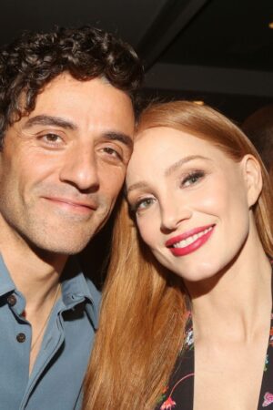 NEW YORK, NEW YORK - MAY 19: (EXCLUSIVE COVERAGE) Oscar Isaac and Jessica Chastain pose at the 89th Annual Drama League Awards at The Ziegfeld Ballroom on May 19, 2023 in New York City. (Photo by Bruce Glikas/WireImage)
