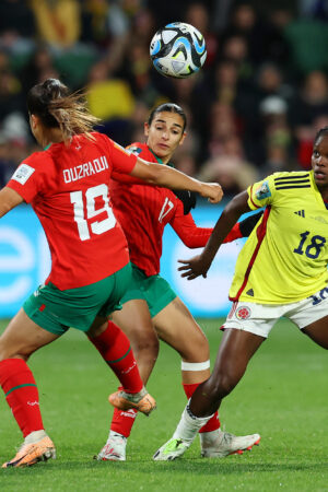 PERTH, AUSTRALIA - AUGUST 03: Linda Caicedo of Colombia competes for the ball against Hanane Ait El Haj and Sakina Ouzraoui of Morocco during the FIFA Women's World Cup Australia & New Zealand 2023 Group H match between Morocco and Colombia at Perth Rectangular Stadium on August 03, 2023 in Perth, Australia. (Photo by Will Russell - FIFA/FIFA via Getty Images)