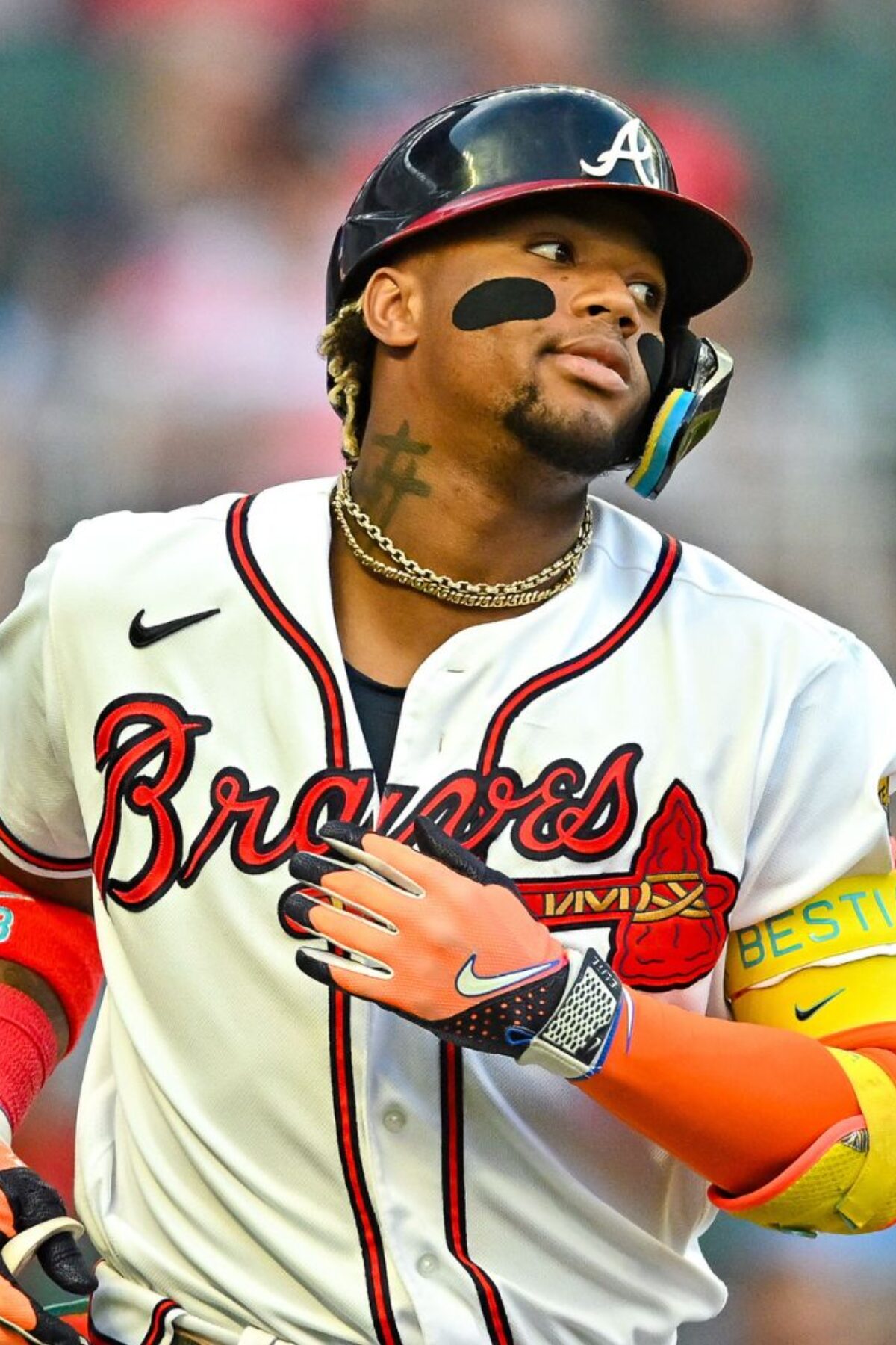 ATLANTA, GA JULY 19: Atlanta right fielder Ronald Acuna Jr. (13) reacts after lining out during the MLB game between the Arizona Diamondbacks and the Atlanta Braves on July 19th, 2023 at Truist Park in Atlanta, GA. (Photo by Rich von Biberstein/Icon Sportswire via Getty Images)