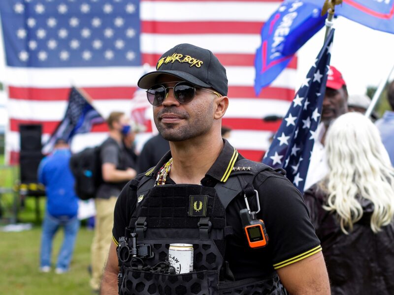 PORTLAND, OR - SEPTEMBER 26: Proud Boys chairman Enrique Tarrio (C) poses for a portrait at Delta Park during a rally on September 26, 2020 in Portland, Oregon. Hundreds of right-leaning activists attended Saturday's event. (Photo by Joshua Lott/The Washington Post via Getty Images)