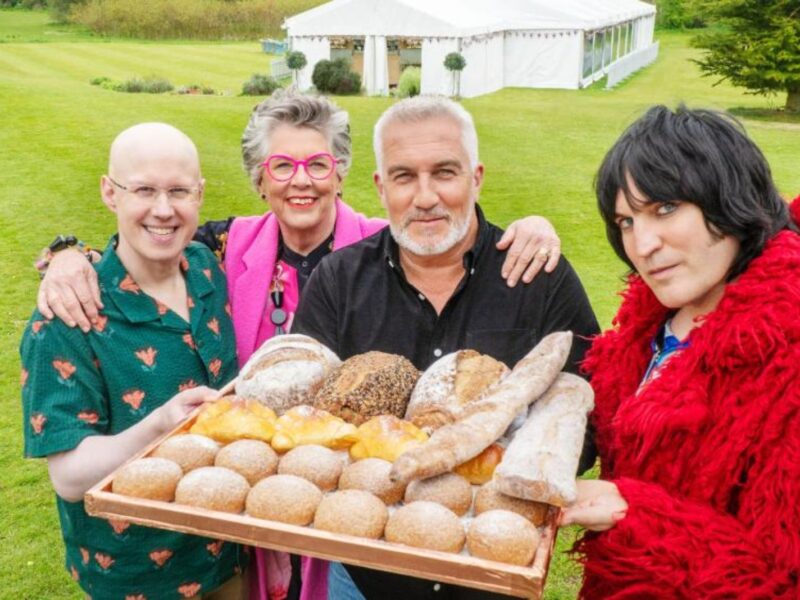 Matt Lucas, Prue Leith, Paul Hollywood, and Noel Fielding from The Great British Bake Off