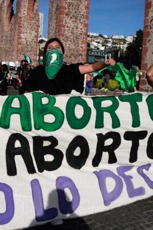 QUERETARO, MEXICO - SEPTEMBER 28: Demonstrators hold a banner during a march for abortion on September 28, 2020 in Queretaro, Mexico. (Photo by Cesar Gomez/Jam Media/Getty Images)