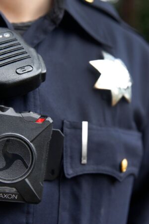 Police officer Kyle Wren wears a body worn camera outside of the Ingleside police station in San Francisco, Calif. on Sept. 1, 2016. Wren was one of the first officers from the Bayview station to field test the cameras before they were issued department-wide. Officers assigned to the Ingleside are the second in line to be outfitted and trained with the cameras. (Photo By Paul Chinn/The San Francisco Chronicle via Getty Images)
