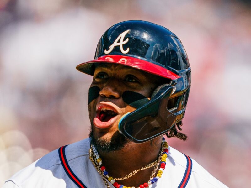 ATLANTA, GA - SEPTEMBER 10: Ronald Acuña Jr. #13 of the Atlanta Braves celebrates after hitting an RBI single in the seventh inning against the Pittsburgh Pirates at Truist Park on September 10, 2023 in Atlanta, Georgia. (Photo by Matthew Grimes Jr./Atlanta Braves/Getty Images)