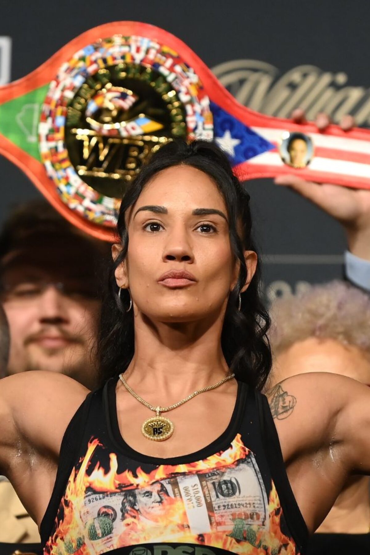 New York , United States - 29 April 2022; Amanda Serrano during the weigh-in, at Hulu Theatre at Madison Square Garden, ahead of her undisputed lightweight championship fight with Katie Taylor, on Saturday night at Madison Square Garden in New York, USA. (Photo By Stephen McCarthy/Sportsfile via Getty Images)