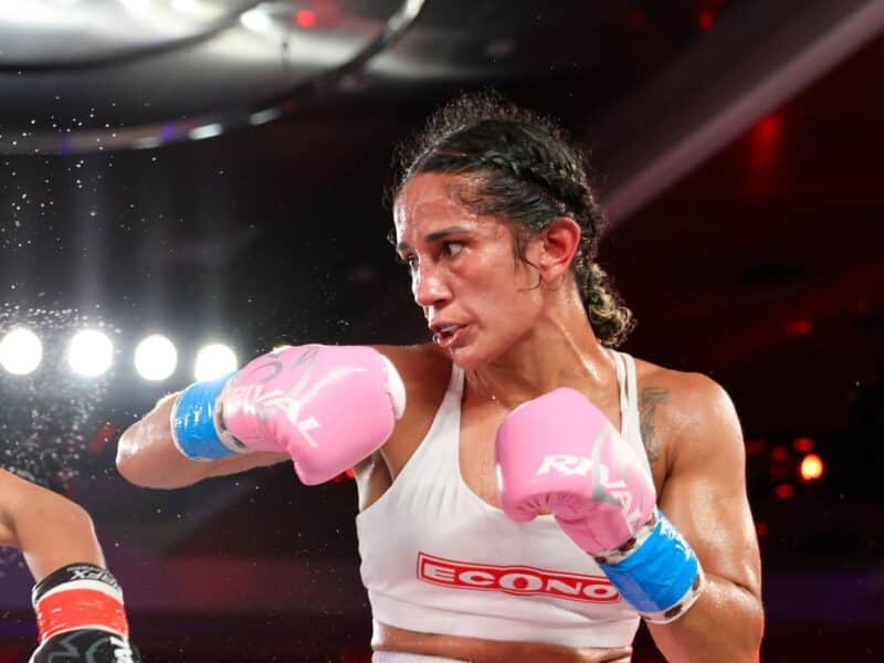 ORLANDO, FL - OCTOBER 27: Amanda Serrano (R) exchanges punches with Danila Ramos during the MVP boxing match at the Caribe Royale Orlando resort on October 27, 2023 in Orlando, Florida. (Photo by Alex Menendez/Getty Images)