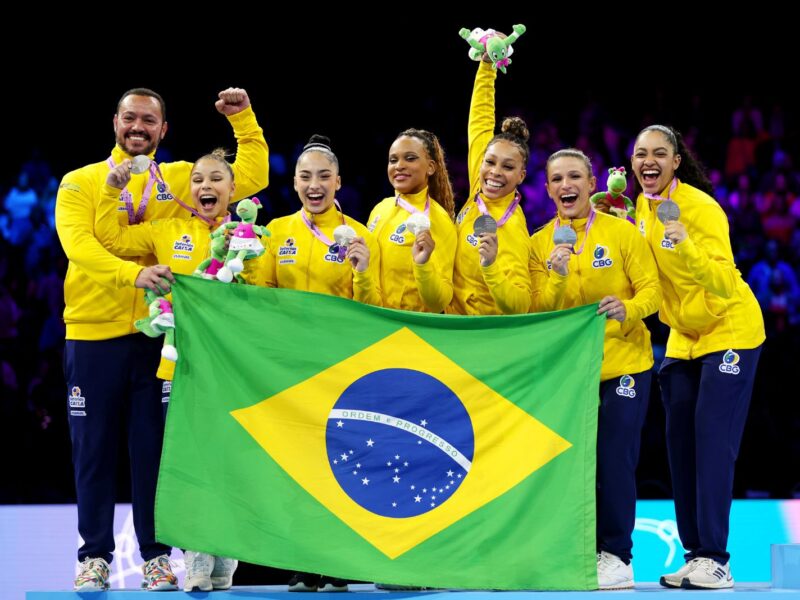 ANTWERP, BELGIUM - OCTOBER 04: Silver medalists of Team Brazil pose for a photo during the medal ceremony for the Women's Team Final on Day Five of the 2023 Artistic Gymnastics World Championships on October 04, 2023 in Antwerp, Belgium. (Photo by Naomi Baker/Getty Images)