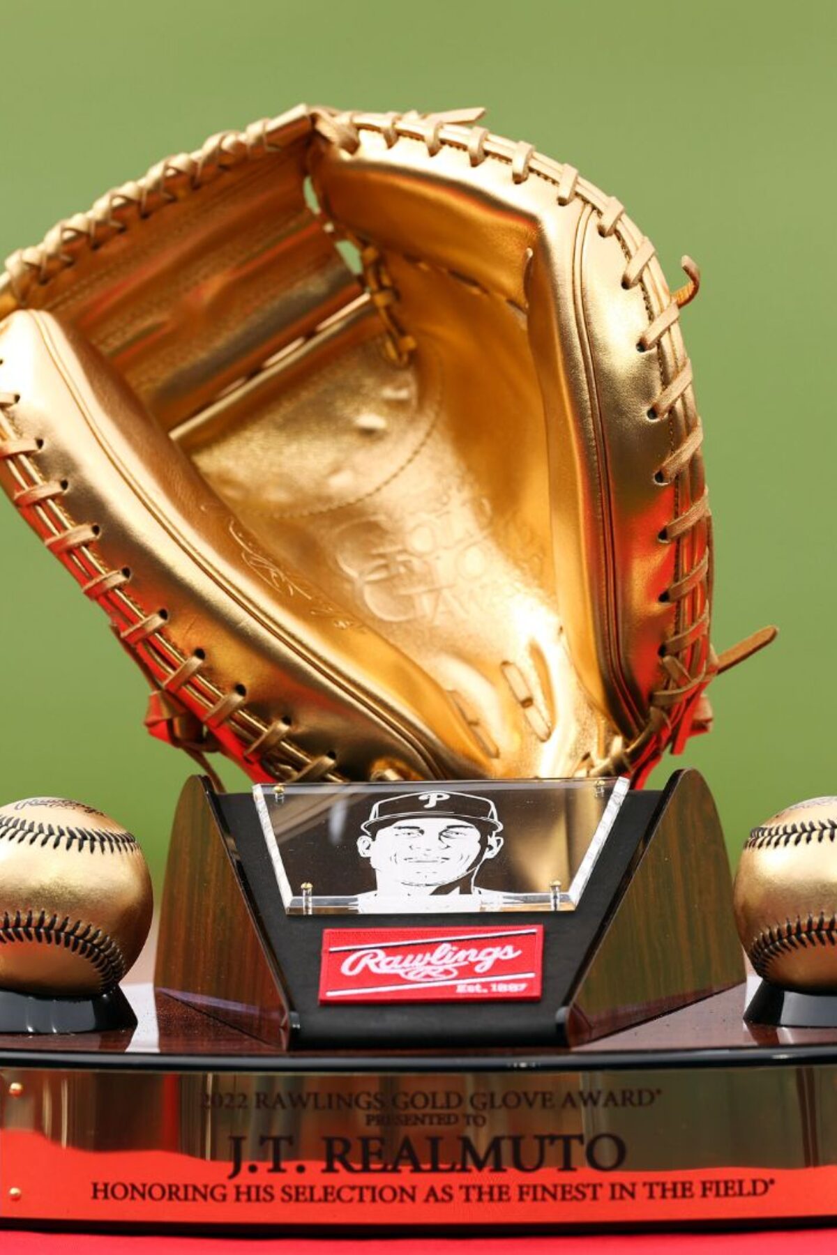 PHILADELPHIA, PENNSYLVANIA - APRIL 08: A Gold Glove award for J.T. Realmuto #10 of the Philadelphia Phillies is seen at Citizens Bank Park on April 08, 2023 in Philadelphia, Pennsylvania. (Photo by Tim Nwachukwu/Getty Images)