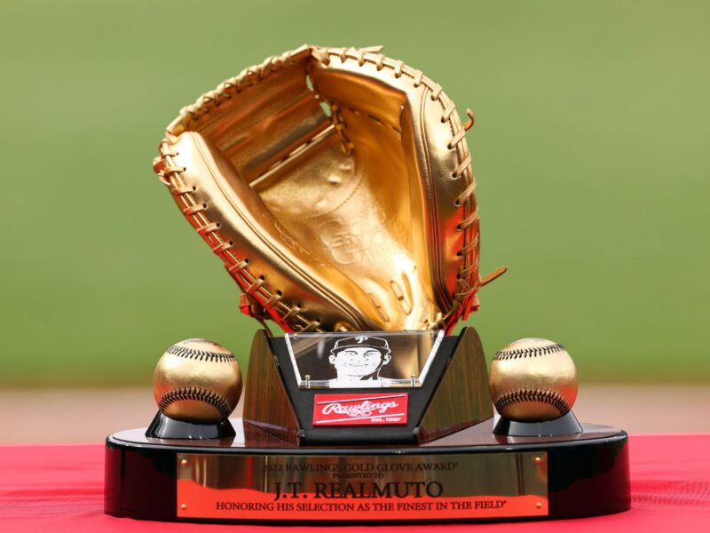 PHILADELPHIA, PENNSYLVANIA - APRIL 08: A Gold Glove award for J.T. Realmuto #10 of the Philadelphia Phillies is seen at Citizens Bank Park on April 08, 2023 in Philadelphia, Pennsylvania. (Photo by Tim Nwachukwu/Getty Images)