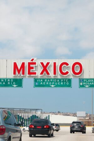 A view of the highway entrance to Tijuana Baja California at the international US Border with Mexico in San Diego, California