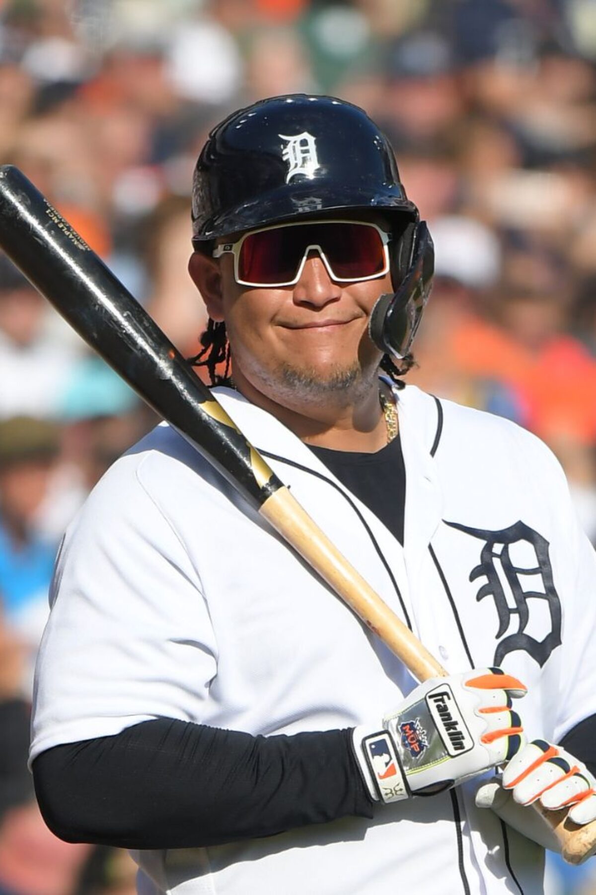DETROIT, MI - OCTOBER 01: Miguel Cabrera #24 of the Detroit Tigers looks on and smiles while waiting on-deck to bat during the game against the Cleveland Guardians at Comerica Park on October 1, 2023 in Detroit, Michigan. The Tigers defeated the Guardians 5-2. Today was Cabreras' final Major League game. (Photo by Mark Cunningham/MLB Photos via Getty Images)