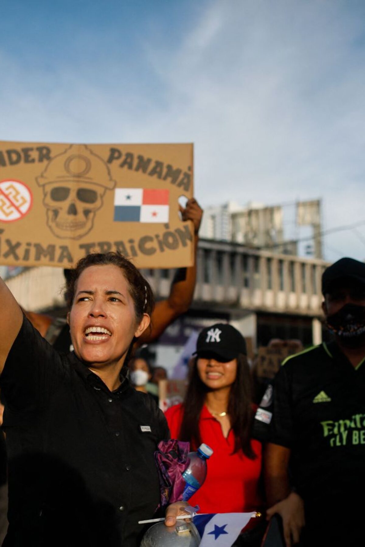 Demonstrators take part in a protest against the contract for the Canadian mining company FQM, in front of the National Assembly in Panama City on October 23, 2023. The National Assembly of Panama approved a bill with Minera Panama, a subsidiary of Canadian First Quantum Minerals (FQM), to exploit the largest open-pit copper mine in Central America, while protests continue in rejection of that controversial pact. (Photo by ROBERTO CISNEROS / AFP) (Photo by ROBERTO CISNEROS/AFP via Getty Images)